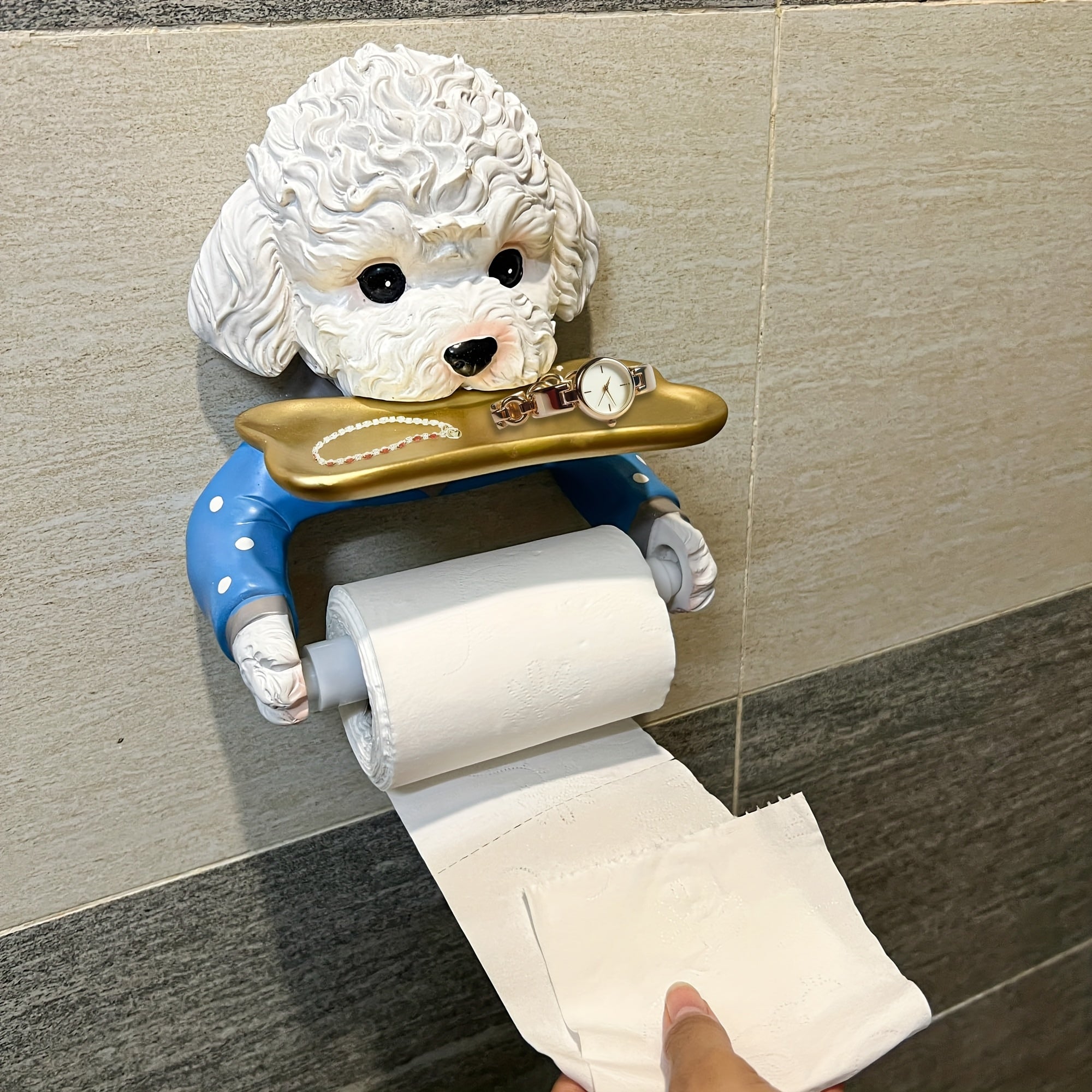Cute Dog Toilet Paper Holder - Self-Adhesive Wall-Mounted Bathroom Storage with Resin Construction, Space-Saving Toilet Paper Dispenser with Paw Print & Dog Face Design, Easy Installation for Bathroom Decor, Fun Housewarming Gift for Pet Lovers (No