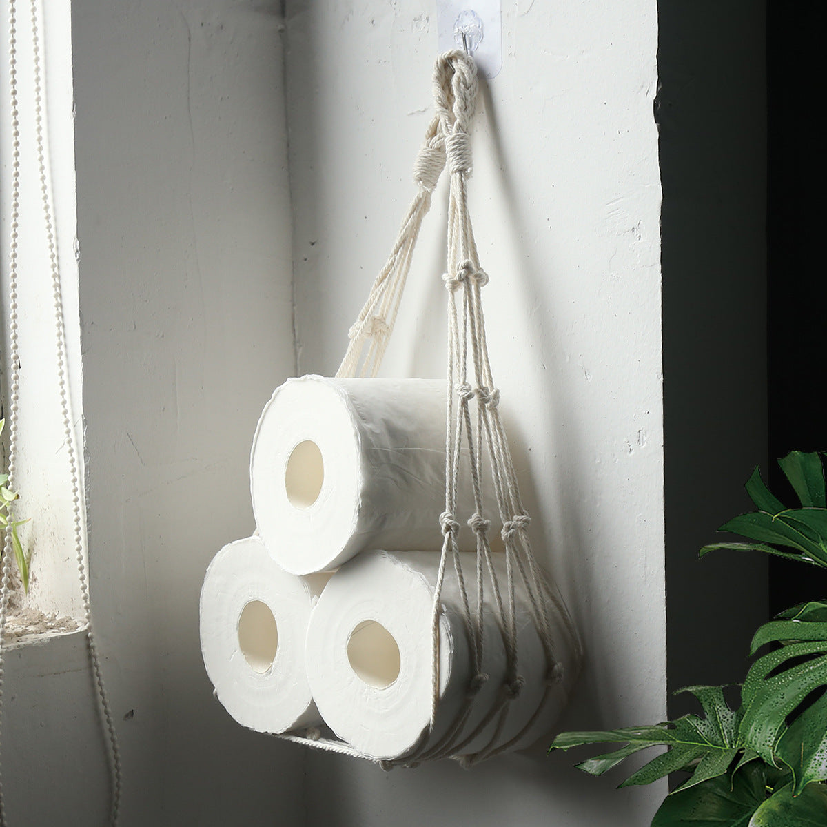 4pcs Rustic Style No-Drill Paper Towel Holder and Towel Rack - Log Bark Bathroom Shelf, Hemp Rope and Wooden Ball System, Farmhouse Style Bathroom Accessory Installation (Compatible with Toilet Paper Rolls), Paper Towel Storage Box, Toilet Paper