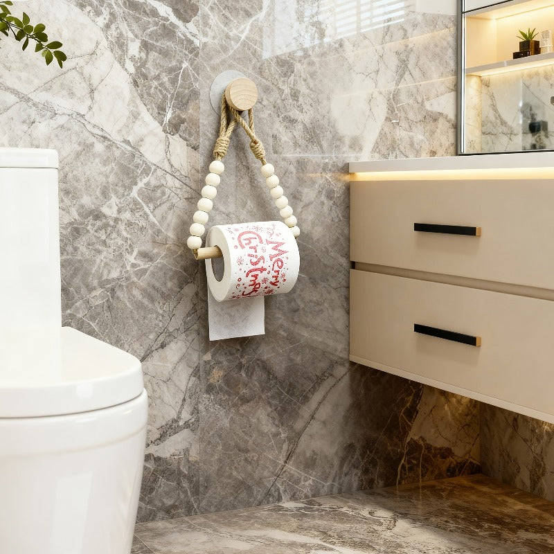 4pcs Rustic Style No-Drill Paper Towel Holder and Towel Rack - Log Bark Bathroom Shelf, Hemp Rope and Wooden Ball System, Farmhouse Style Bathroom Accessory Installation (Compatible with Toilet Paper Rolls), Paper Towel Storage Box, Toilet Paper