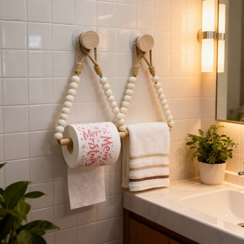 4pcs Rustic Style No-Drill Paper Towel Holder and Towel Rack - Log Bark Bathroom Shelf, Hemp Rope and Wooden Ball System, Farmhouse Style Bathroom Accessory Installation (Compatible with Toilet Paper Rolls), Paper Towel Storage Box, Toilet Paper