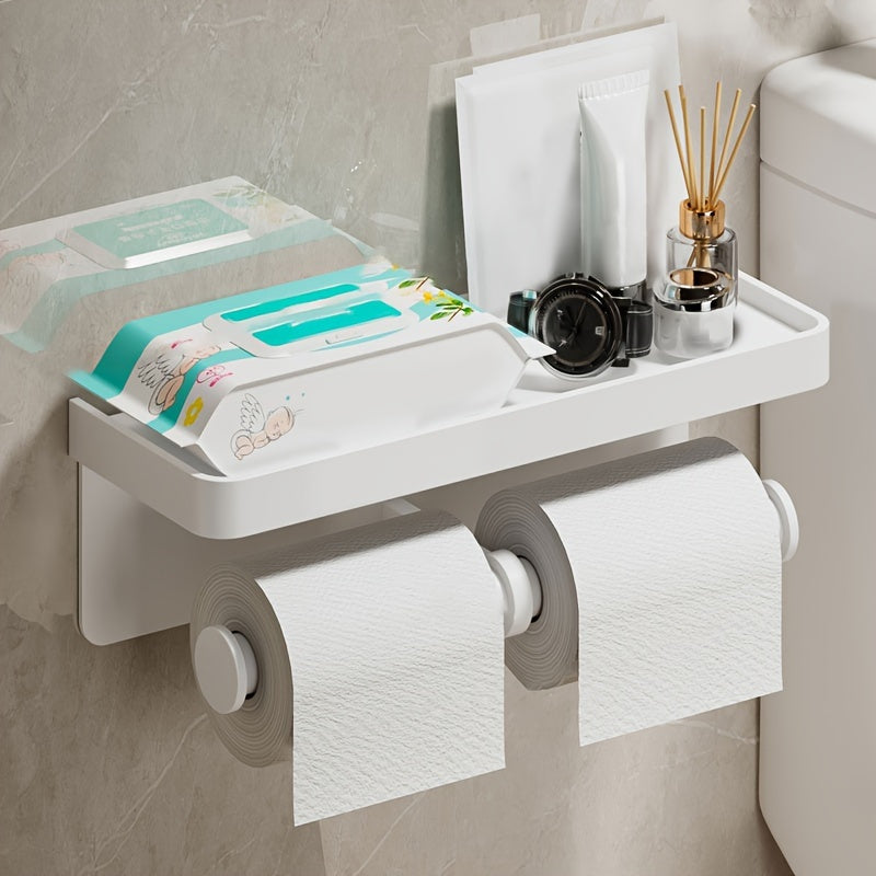 Space-Saving Aluminum Toilet Paper Holder with Shelf | Stylish, No Drilling Installation, Painted Surface, Wall-Mounted, Self-Adhesive, for Storing Bathroom Essentials