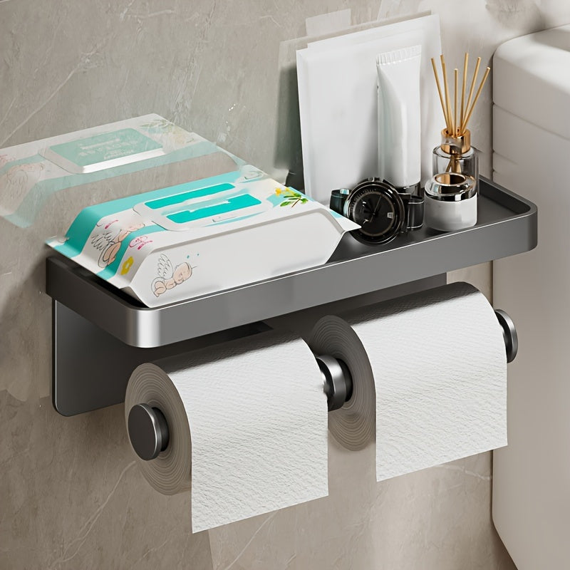 Space-Saving Aluminum Toilet Paper Holder with Shelf | Stylish, No Drilling Installation, Painted Surface, Wall-Mounted, Self-Adhesive, for Storing Bathroom Essentials