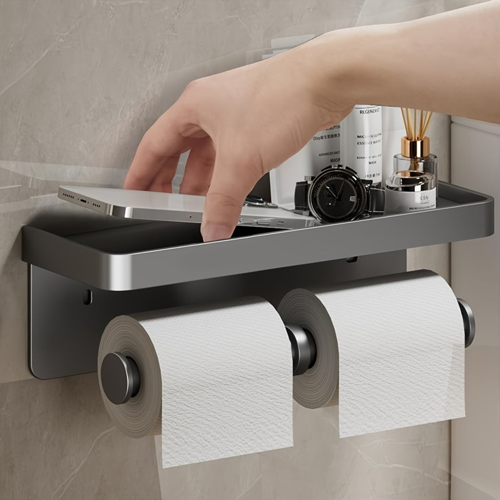 Space-Saving Aluminum Toilet Paper Holder with Shelf | Stylish, No Drilling Installation, Painted Surface, Wall-Mounted, Self-Adhesive, for Storing Bathroom Essentials