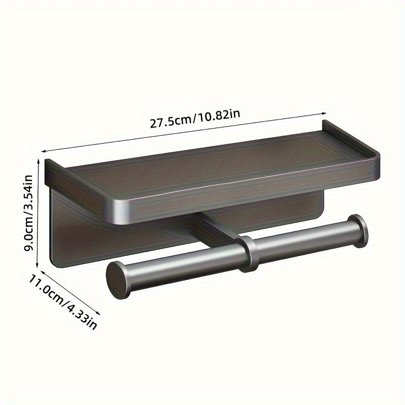 Space-Saving Aluminum Toilet Paper Holder with Shelf | Stylish, No Drilling Installation, Painted Surface, Wall-Mounted, Self-Adhesive, for Storing Bathroom Essentials