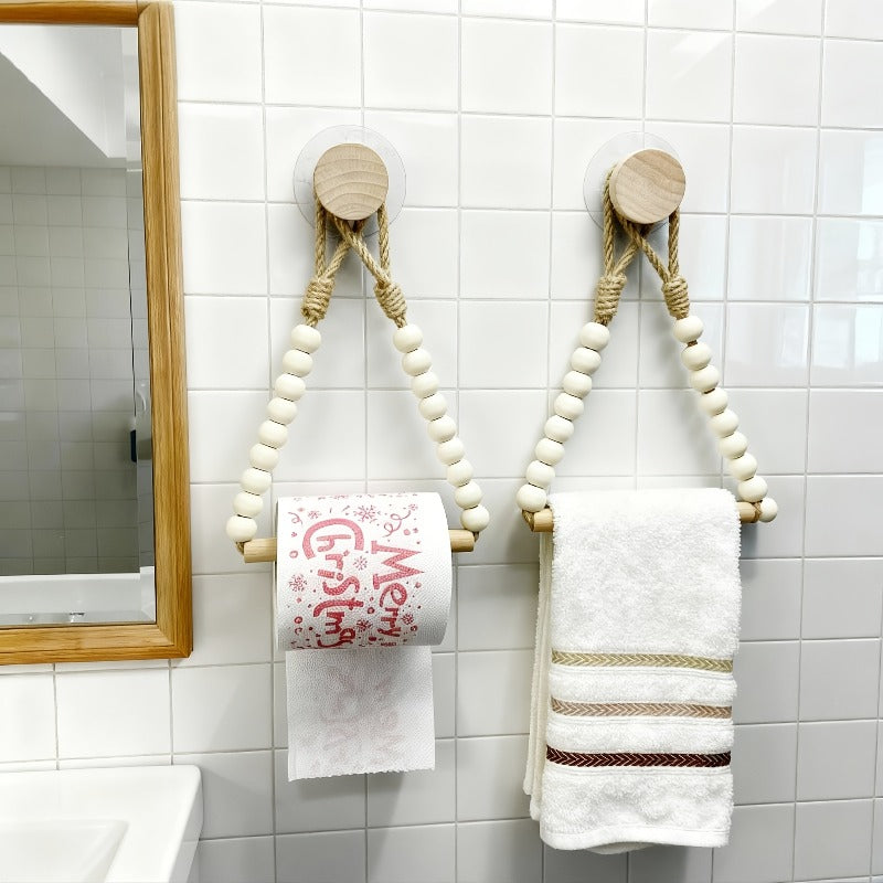 4pcs Rustic Style No-Drill Paper Towel Holder and Towel Rack - Log Bark Bathroom Shelf, Hemp Rope and Wooden Ball System, Farmhouse Style Bathroom Accessory Installation (Compatible with Toilet Paper Rolls), Paper Towel Storage Box, Toilet Paper
