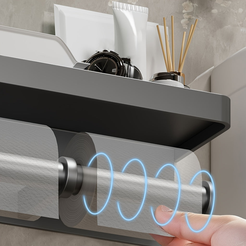 Space-Saving Aluminum Toilet Paper Holder with Shelf | Stylish, No Drilling Installation, Painted Surface, Wall-Mounted, Self-Adhesive, for Storing Bathroom Essentials