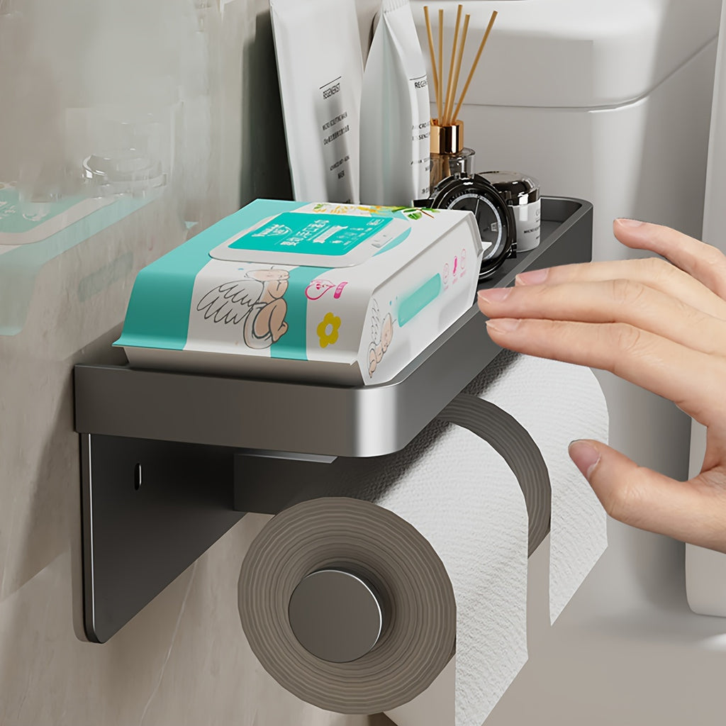 Space-Saving Aluminum Toilet Paper Holder with Shelf | Stylish, No Drilling Installation, Painted Surface, Wall-Mounted, Self-Adhesive, for Storing Bathroom Essentials