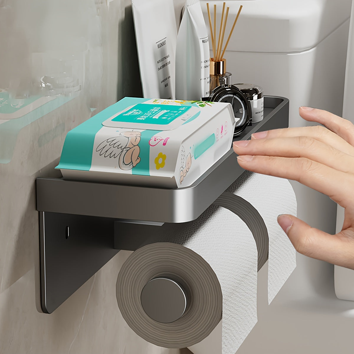 Space-Saving Aluminum Toilet Paper Holder with Shelf | Stylish, No Drilling Installation, Painted Surface, Wall-Mounted, Self-Adhesive, for Storing Bathroom Essentials