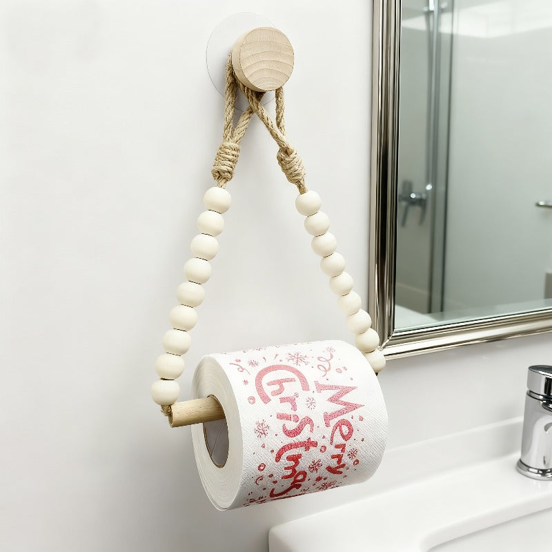 4pcs Rustic Style No-Drill Paper Towel Holder and Towel Rack - Log Bark Bathroom Shelf, Hemp Rope and Wooden Ball System, Farmhouse Style Bathroom Accessory Installation (Compatible with Toilet Paper Rolls), Paper Towel Storage Box, Toilet Paper