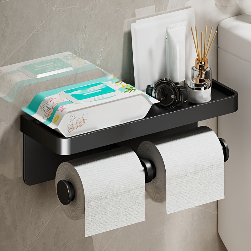 Space-Saving Aluminum Toilet Paper Holder with Shelf | Stylish, No Drilling Installation, Painted Surface, Wall-Mounted, Self-Adhesive, for Storing Bathroom Essentials