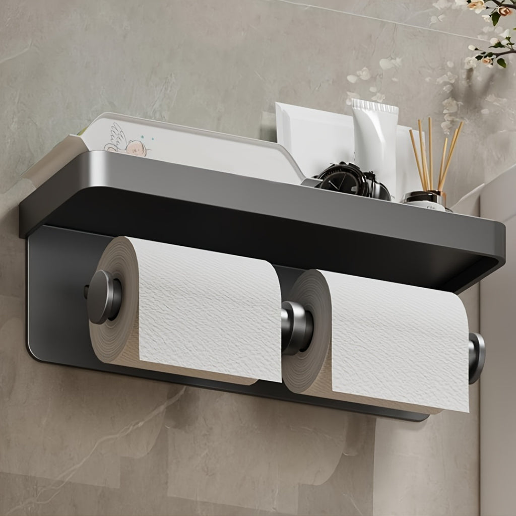 Space-Saving Aluminum Toilet Paper Holder with Shelf | Stylish, No Drilling Installation, Painted Surface, Wall-Mounted, Self-Adhesive, for Storing Bathroom Essentials