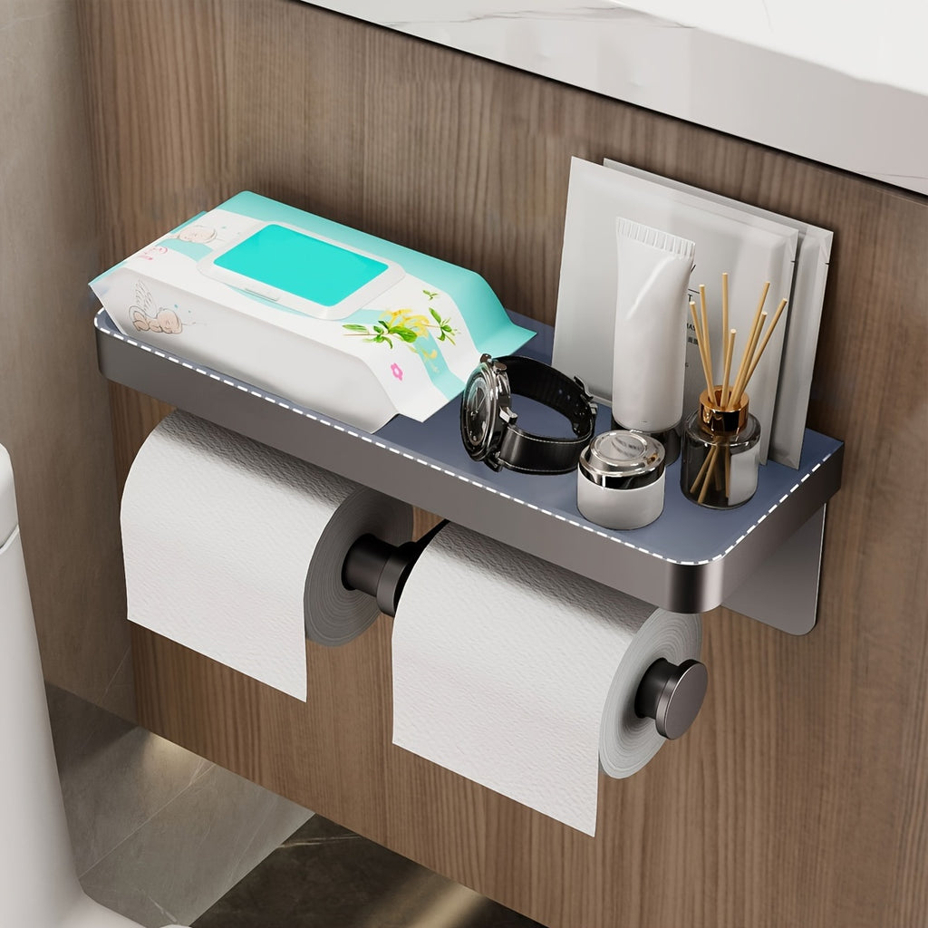 Space-Saving Aluminum Toilet Paper Holder with Shelf | Stylish, No Drilling Installation, Painted Surface, Wall-Mounted, Self-Adhesive, for Storing Bathroom Essentials